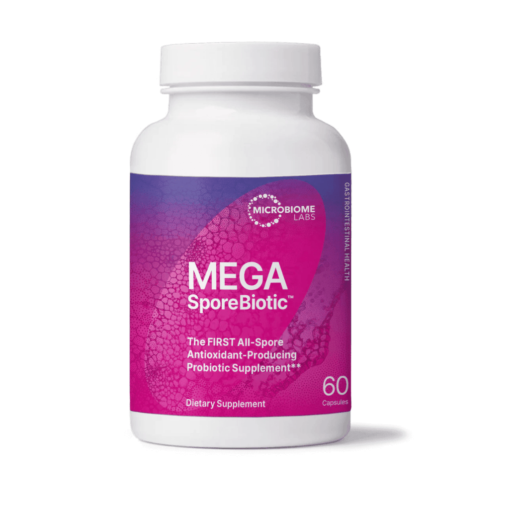 A bottle of MegaSporeBiotic, the first all-spore antioxidant-producing probiotic supplement by Microbiome Labs, including 60 capsules. 