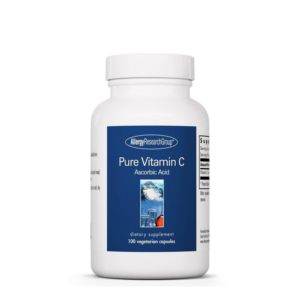 A bottle of Pure Vitamin C ascorbic acid dietary supplement by Allergy Research Group with 100 vegetarian capsules.