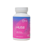 A bottle of hu58 high-potency bacillus subtilis dietary supplement by microbiome labs, containing 60 capsules.