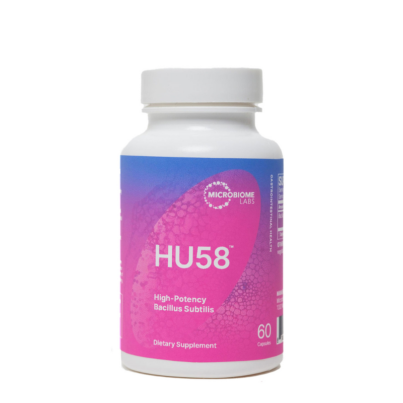 A bottle of hu58 high-potency bacillus subtilis dietary supplement by microbiome labs, containing 60 capsules.