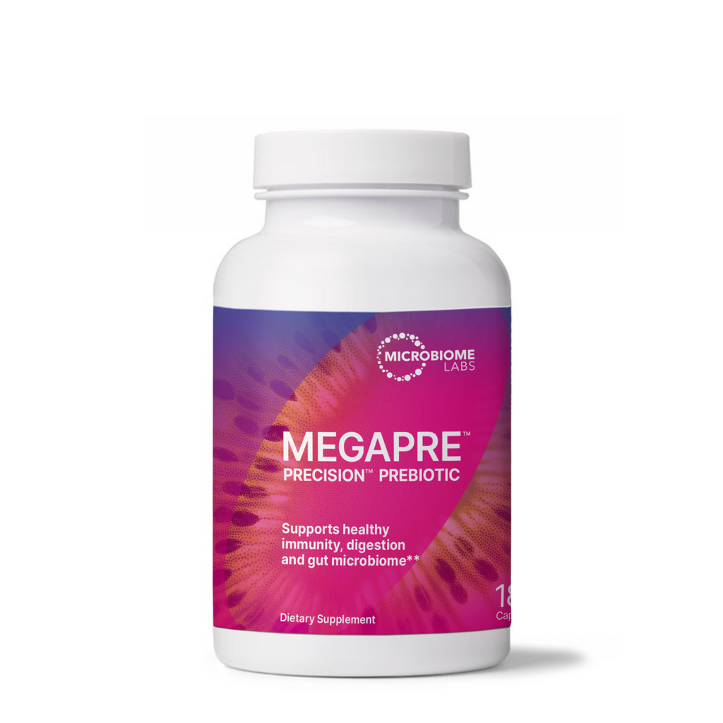 A bottle of MegaPre Precision Prebiotic dietary supplement for healthy immunity, digestion, and gut microbiome by Microbiome Labs, including 180 capsules.  