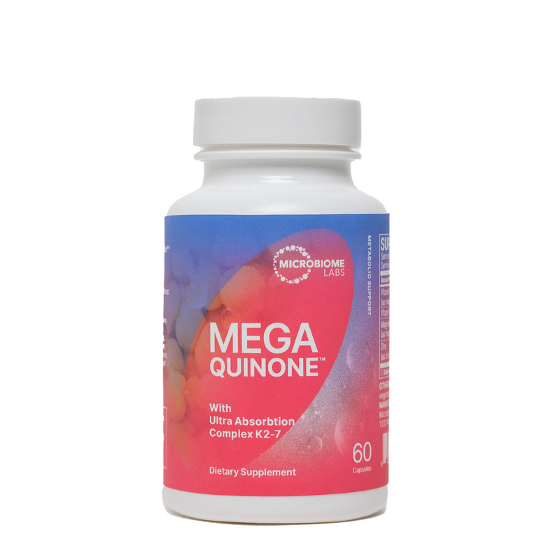 A bottle of MegaQuinone dietary supplement with Ultra Absorption Complex K2-7 to support healthy bone, nerve, and heart function, including 60 capsules.