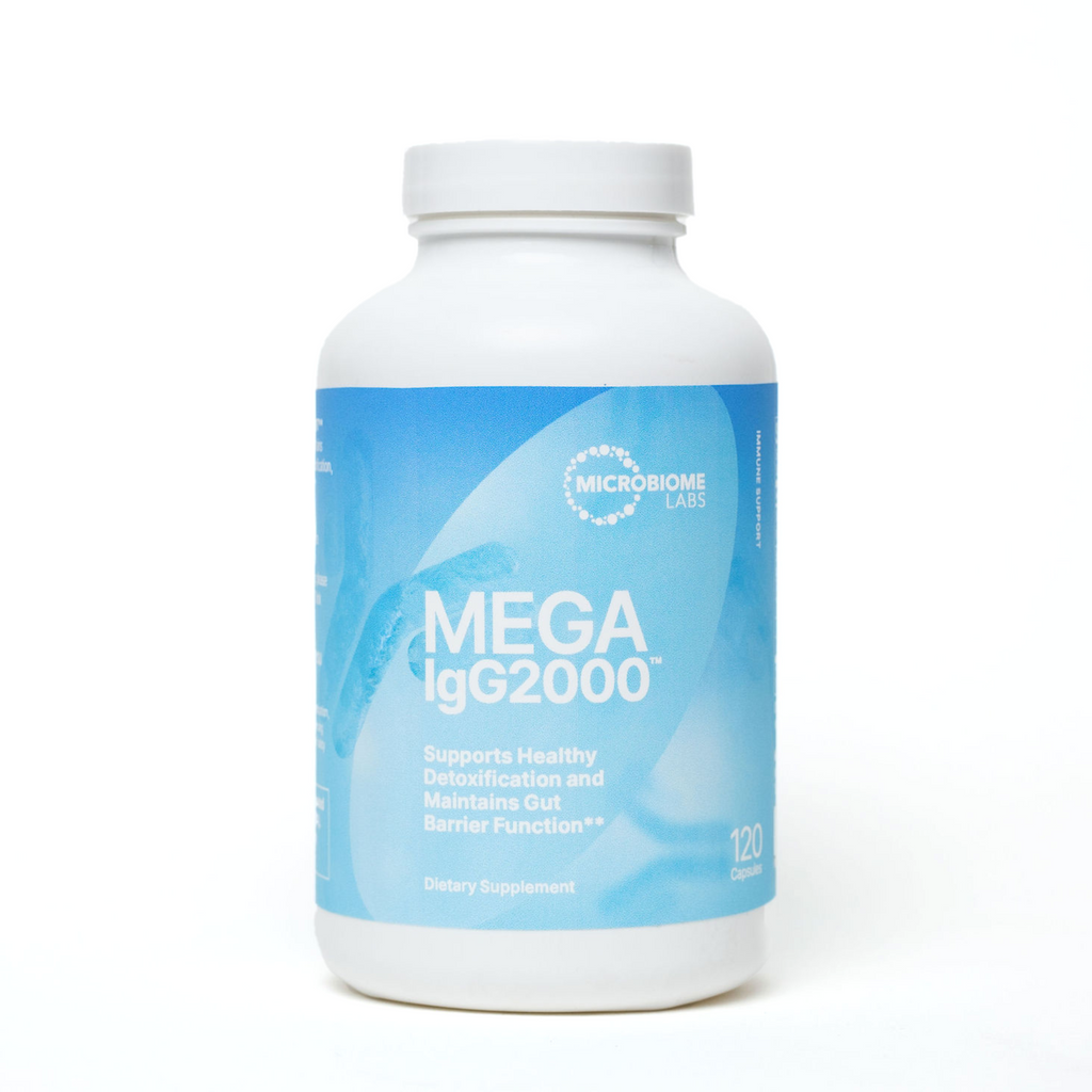 A bottle of MegaIgG200 dietary supplement that supports healthy detoxification and maintains gut barrier function, including 120 capsules.