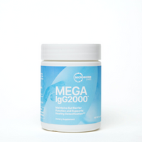 A bottle of MegaIgG200 dietary supplement to maintain gut barrier function and supports healthy detoxification in a powder form. 