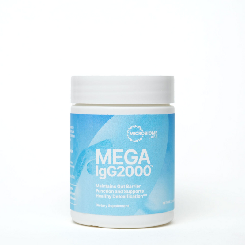 A bottle of MegaIgG200 dietary supplement to maintain gut barrier function and supports healthy detoxification in a powder form. 