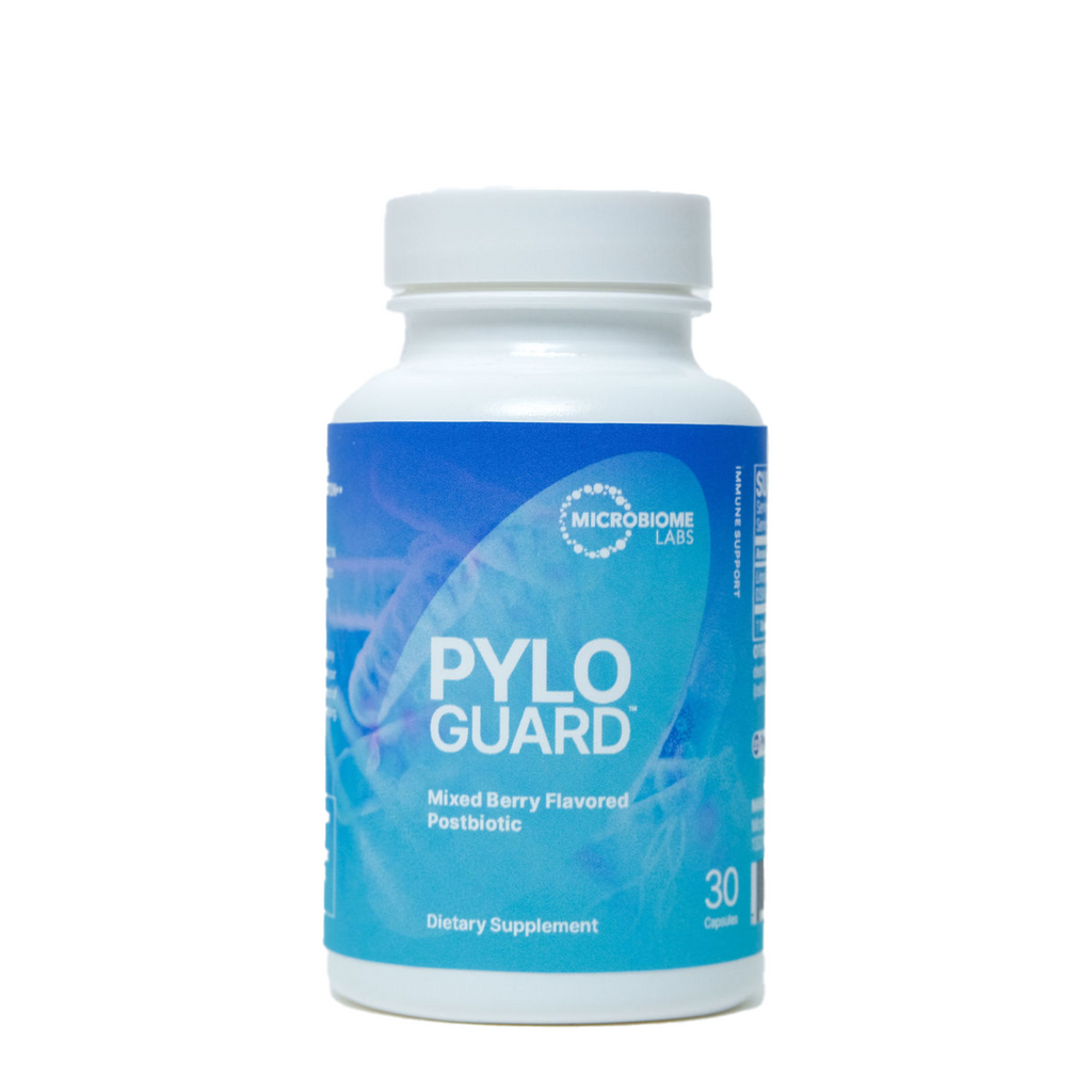 A bottle of PyloGuard, a mixed berry flavored postbiotic dietary supplement by Microbiome Labs, containing 30 capsules.