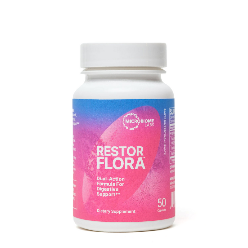 A bottle of RestorFlora, a dual-action formula for digestive support dietary supplement by Microbiome Labs, including 50 capsules. 