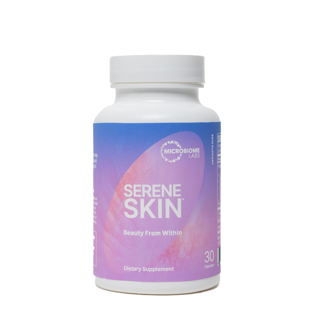 A bottle of Serene Skin, a probiotic-powered skincare dietary supplement by microbiome labs, containing 30 capsules.