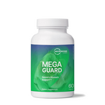 Bottle of megaguard dietary supplement by microbiome labs, containing 60 capsules for stomach support.