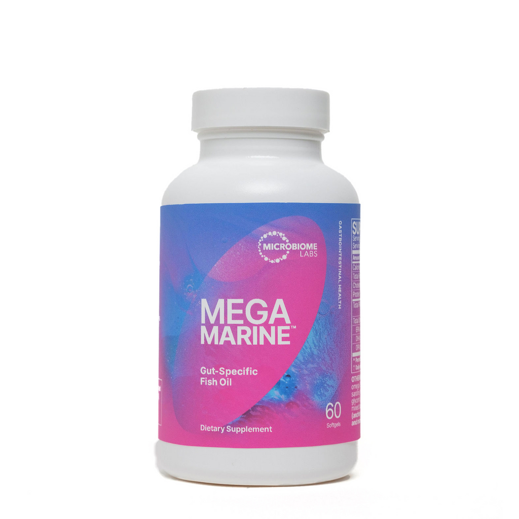 Bottle of megamarine fish oil dietary supplement by microbiome labs, containing 60 capsules for gut health.