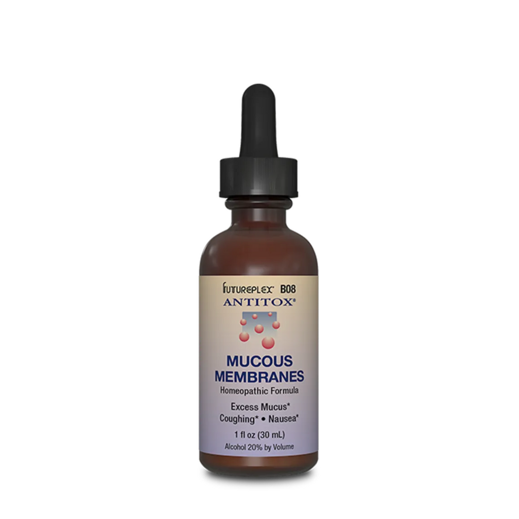 A tincture dropper of Mucous Membranes by Futureplex Antitox for excess mucus, coughing, and nausea.